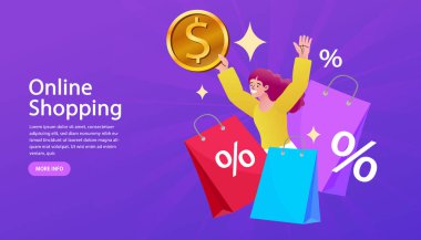 İnternet alışveriş konsepti. Akıllı telefonlu bir alışveriş arabasının vektör çizimi.