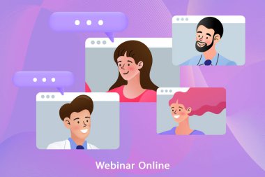 Online konferans konsepti vektör illüstrasyonu. İnsanlar sohbet eder, çevrimiçi konferans yapar, online eğitim verir. Çevrimiçi eğitim, giysi, online seminer. düz tasarım karikatür çizimi
