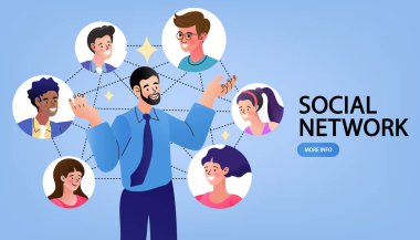 Sosyal ağlar konsept vektör çizimi. Sosyal ağları olan insanlar. çizgi film karakteri.