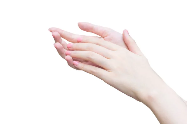 Schöne Weibliche Hand Weibliche Hand Anwendung Lotion Oder Handcreme Auf — Stockfoto