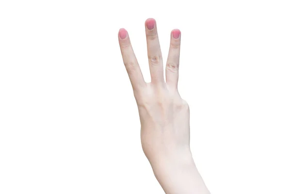 Mão Uma Mulher Ergue Número Dedos Sobre Fundo Branco — Fotografia de Stock