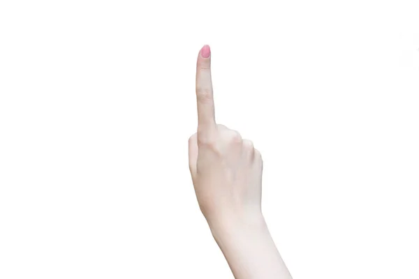 Frauenhand Zeigt Einen Finger Als Erste Zahl Auf Weißem Hintergrund — Stockfoto