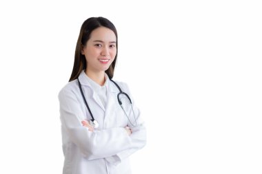 Professional Asian woman doctor wears medical coat while arm crossed isolated on white background in health protection concept.