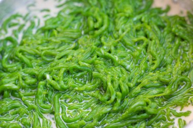 Lod Chong Thai tatlı pilav unu ve pandan suyu üzerine konmuş hindistan cevizi şurubu Tayland tatlısından geleneksel tatlı