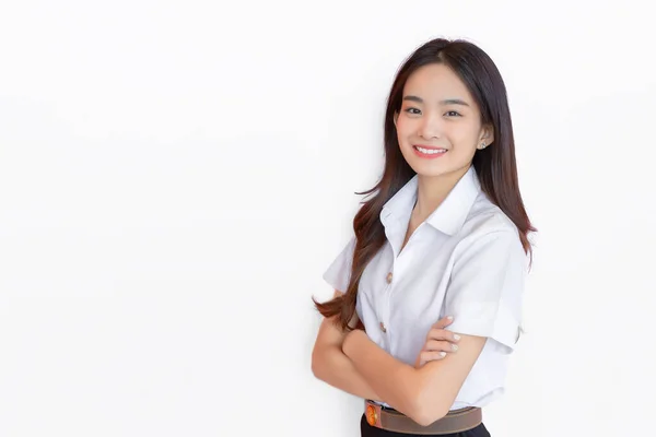 Retrato Estudante Tailandês Adulto Bonito Asiático Jovem Estudante Uniforme Está — Fotografia de Stock