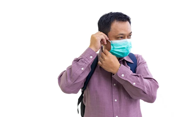 Asian Business Man Wearing Medical Face Mask Leaving Home Isolated — Stock Photo, Image