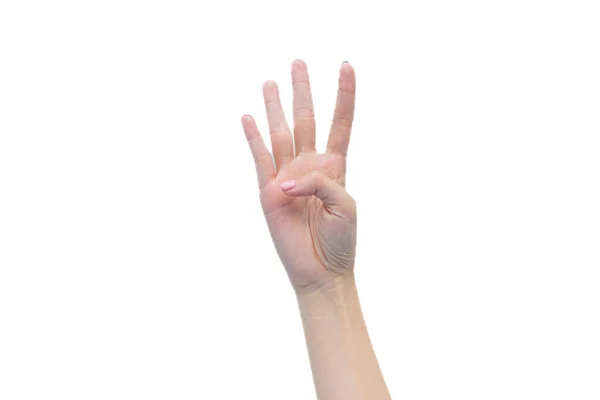 年轻女子在孤零零的白色背景上表现出美丽的手 有四个手指 — 图库照片