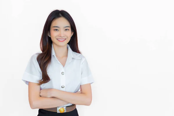 Retrato Estudiante Tailandés Adulto Hermosa Asiática Joven Estudiante Uniforme Está —  Fotos de Stock