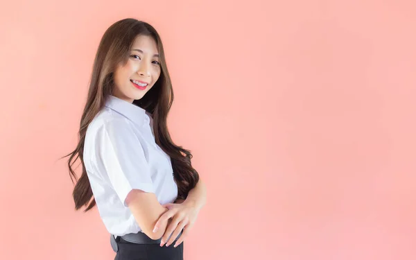 Portret Młodego Tajlandzkiego Studenta Uniformie Studenckiej Azji Słodkie Dziewczyna Stoi — Zdjęcie stockowe