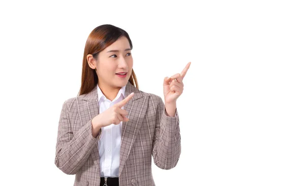 Erwachsene Asiatische Geschäftsfrau Formellen Anzug Einem Weißen Hemd Und Zeigt — Stockfoto