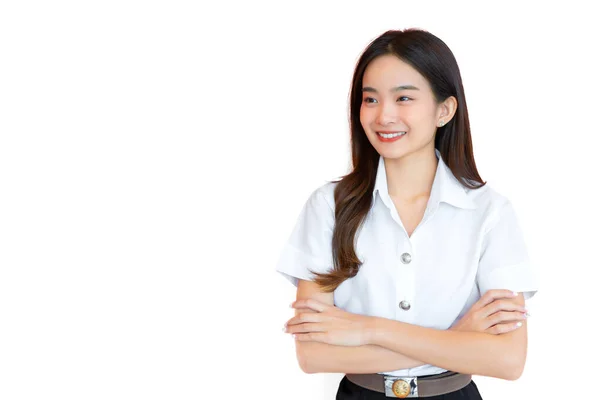 Retrato Estudiante Tailandés Adulto Linda Asiática Joven Estudiante Uniforme Está —  Fotos de Stock