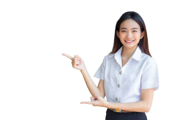 Linda Asiática Joven Estudiante Está Sonriendo Mirando Cámara Pie Para —  Fotos de Stock