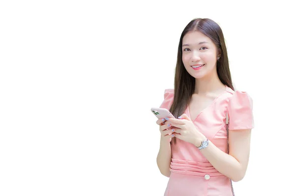 Asiática Profesional Joven Mujer Negocios Con Pelo Largo Sonríe Jardín —  Fotos de Stock
