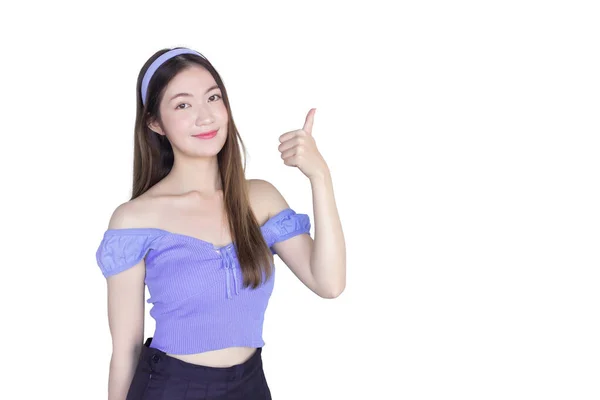Jonge Mooie Aziatische Vrouw Draagt Een Paars Shirt Acteren Duim — Stockfoto