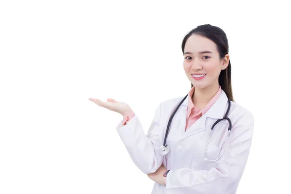 Professional Young Asian Woman Doctor Shows Her Hand Present Something — Stock Photo, Image