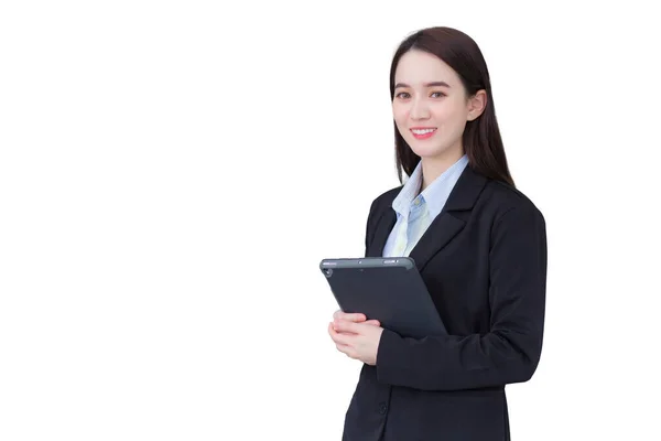 Asiatische Professionelle Geschäftsfrau Schwarzen Anzug Lächelt Glücklich Und Schaut Die — Stockfoto