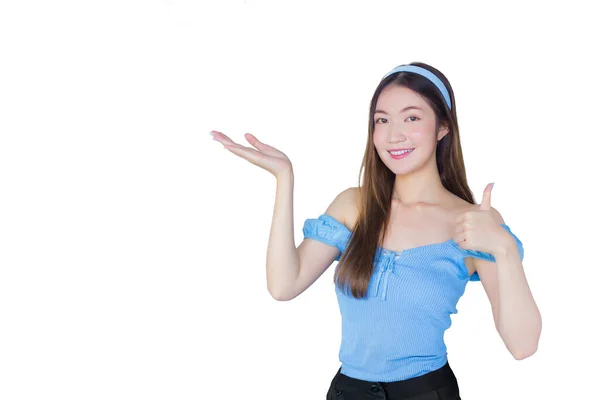 Jong Mooi Aziatisch Vrouw Een Blauw Shirt Acteren Duim Omhoog — Stockfoto