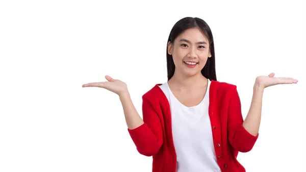 Aziatische Schattig Meisje Wit Shirt Rood Shirt Glimlachen Tonen Hand — Stockfoto