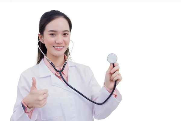 Profession Asian Young Woman Doctor Who Wears Medical Uniform Showing — Stock Photo, Image