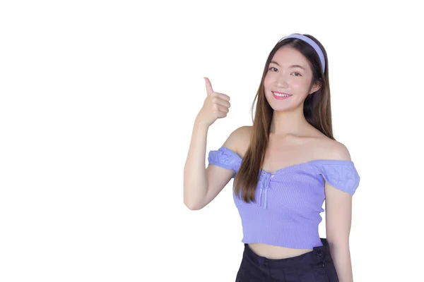 Jonge Mooie Aziatische Vrouw Draagt Een Paars Shirt Acteren Duim — Stockfoto