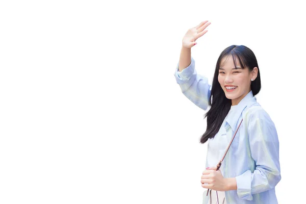 Mavi Beyaz Gömlek Çanta Giyen Kendine Güvenen Genç Asyalı Kadın — Stok fotoğraf