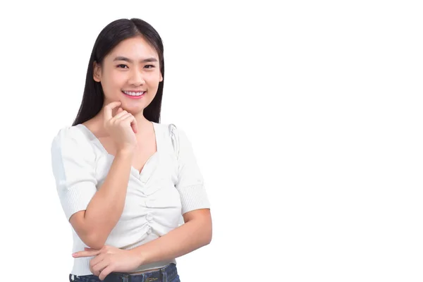 Retrato Asiático Hermosa Chica Camisa Blanca Toca Cara Sonríe Estudio —  Fotos de Stock