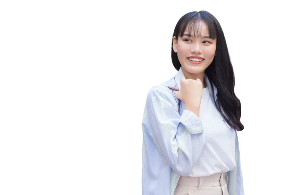 Mulher Asiática Jovem Confiante Que Usa Uma Camisa Branca Azul — Fotografia de Stock