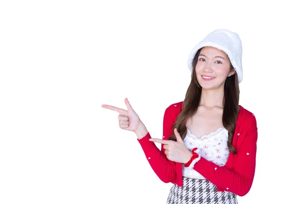 Mooie Aziatische Vrouw Die Draagt Rode Jas Witte Hoed Als — Stockfoto