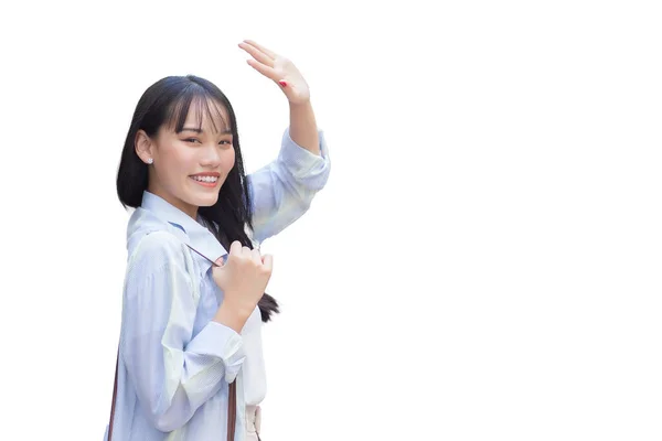 Joven Asiática Confiada Que Usa Camisa Azul Blanca Bolso Levantó —  Fotos de Stock