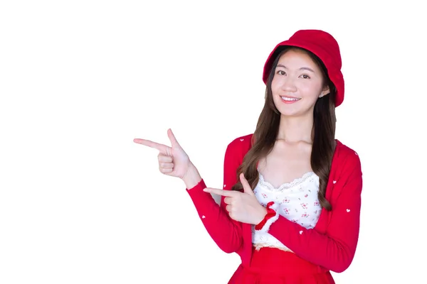 Bella Donna Asiatica Che Indossa Cappotto Rosso Cappello Bianco Come — Foto Stock