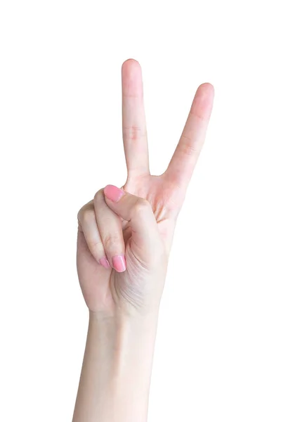 美丽的女人的手显示手指是指甲概念中的一个指示符号 用来表示白色背景上的孤立物 — 图库照片