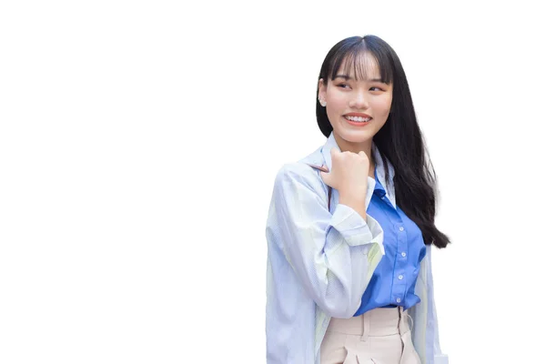 Självsäker Ung Asiatisk Affärskvinna Som Bär Blå Vit Skjorta Och — Stockfoto