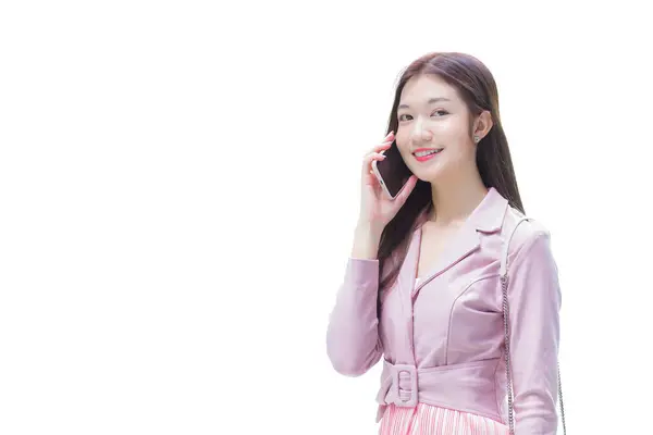Joven Asiático Negocio Profesional Rosa Vestido Aire Libre Pie Mira —  Fotos de Stock