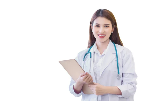 Ung Professionell Asiatisk Kvinna Läkare Undersöka Rapport Dokument Patient Att — Stockfoto