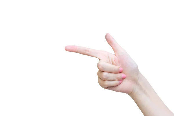 Schöne Frauenhand Zeigt Finger Als Zeigefinger Maniküre Konzept Etwas Präsentieren — Stockfoto