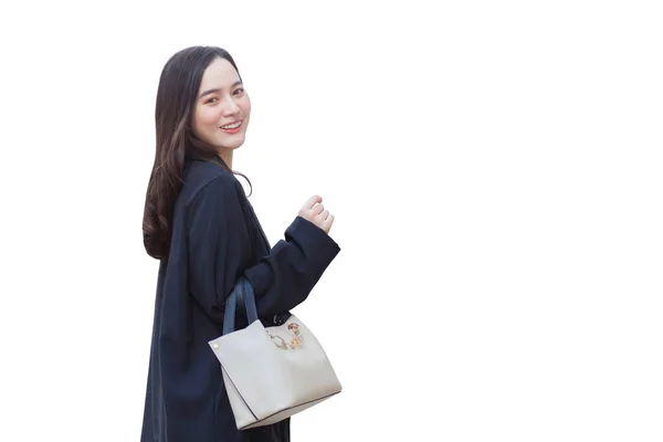 Retrato Hermosa Mujer Asiática Pelo Largo Abrigo Negro Llevando Bolsa —  Fotos de Stock