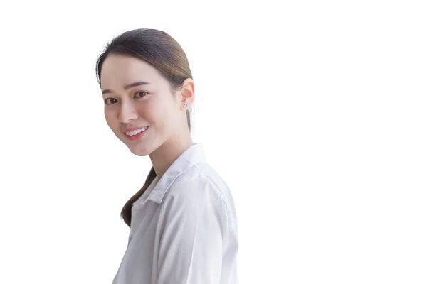 Joven Hermosa Mujer Asiática Camisa Blanca Sonriente Pie Mientras Que —  Fotos de Stock