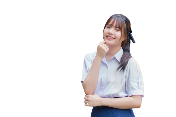 Hermosa Chica Asiática Estudiante Secundaria Uniforme Escolar Con Sonrisas Con —  Fotos de Stock