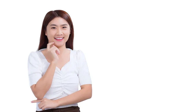 Retrato Asiático Bonita Mujer Blanco Camisa Toca Cara Sonríe Mientras —  Fotos de Stock