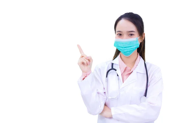 Profissional Jovem Asiático Mulher Médico Mostra Ponto Mão Fundo Branco — Fotografia de Stock