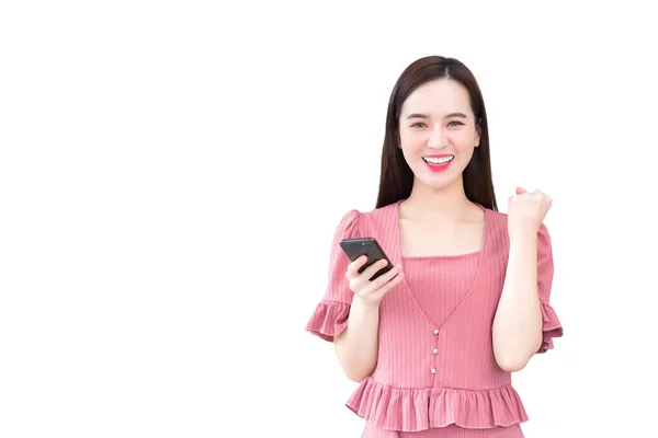 Professionele Jonge Aziatische Werkende Vrouw Het Bedrijfsleven Roze Jurk Glimlacht — Stockfoto