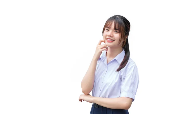 Linda Escuela Secundaria Asiática Estudiante Chica Escuela Uniforme Stands Sonrisas —  Fotos de Stock