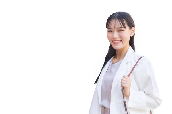 Joven Mujer Trabajadora Asiática Confiada Que Lleva Camisa Blanca Bolso —  Fotos de Stock