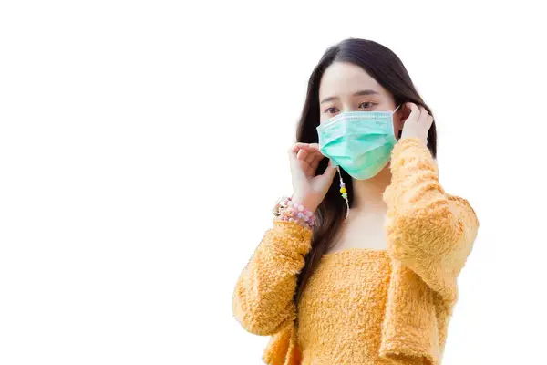 Young Asian Woman Long Hair Wears Orange Knitwear Medical Face — Stock Photo, Image