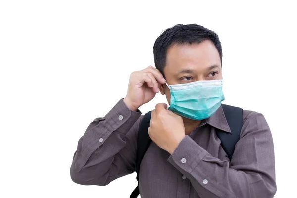 Adult Asian Business Man Wearing Medical Face Mask Leaving Home — Stock Photo, Image