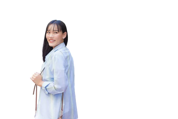 Zelfverzekerde Jonge Aziatische Vrouw Die Draagt Blauw Wit Shirt Tas — Stockfoto