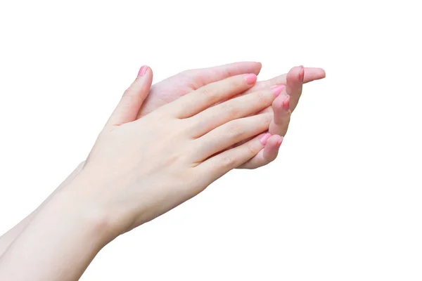 美丽的女性手按乳液或护手霜在水疗和修指甲的概念手部护理 而与白色背景隔离 — 图库照片