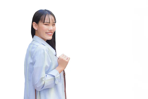 Sebevědomá Mladá Asijská Žena Která Nosí Modrou Bílou Košili Tašku — Stock fotografie