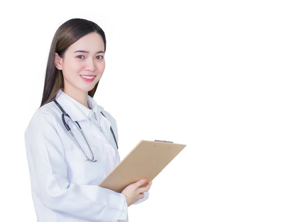 Professionale Bella Giovane Asiatica Medico Femminile Possesso Documento Negli Appunti — Foto Stock