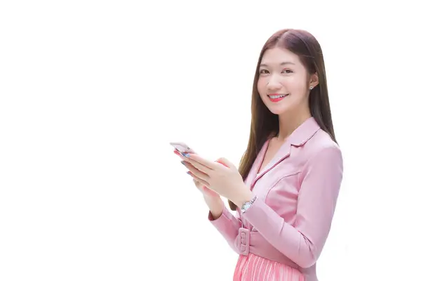 Young Asian Professional Working Woman Pink Dress Suit Holds Looks Stock Picture
